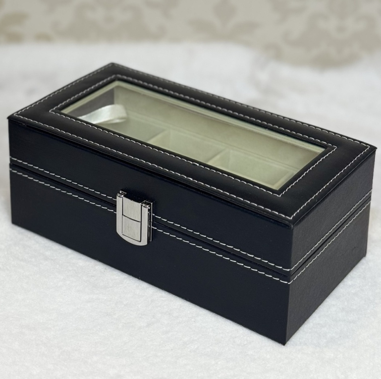 🖤Cкринька для годинників, зі шкірозамінника на замочку, 4 відділи, Чорна, фото 1