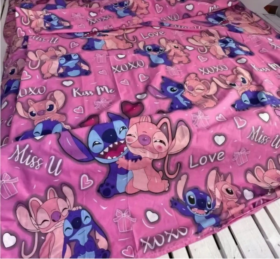 Односпальне простирадло на резинці 80х190х20, принт: Стіч рожеве