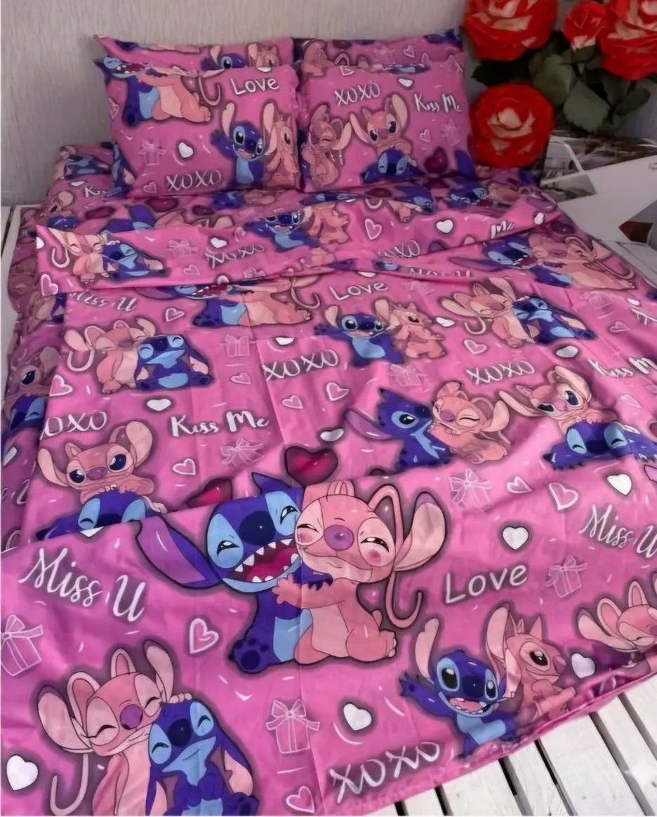 Полуторний комплект з простирадлом на резинці 100х190х20, принт: Стіч рожеве