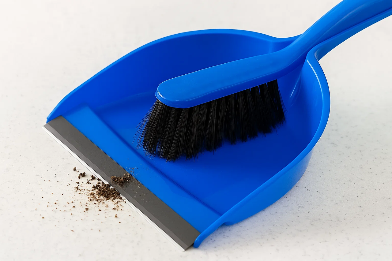 Совок і щітка для прибирання з силіконовою вставкою | Набір пластиковий, жорстка щетина, 30×22 см, фото 1