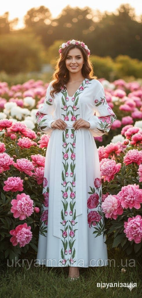 Біла сукня максі, вишита рожевими півоніями "Півонієвий сад"