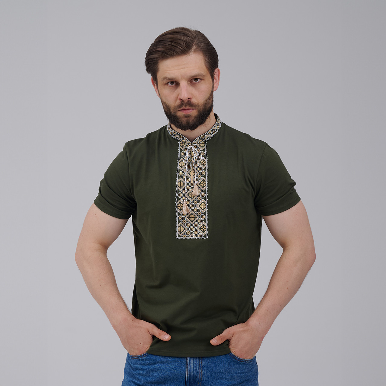 Стильна чоловіча вишита футболка у стилі мілітарі "Козацька" зелена, фото 1