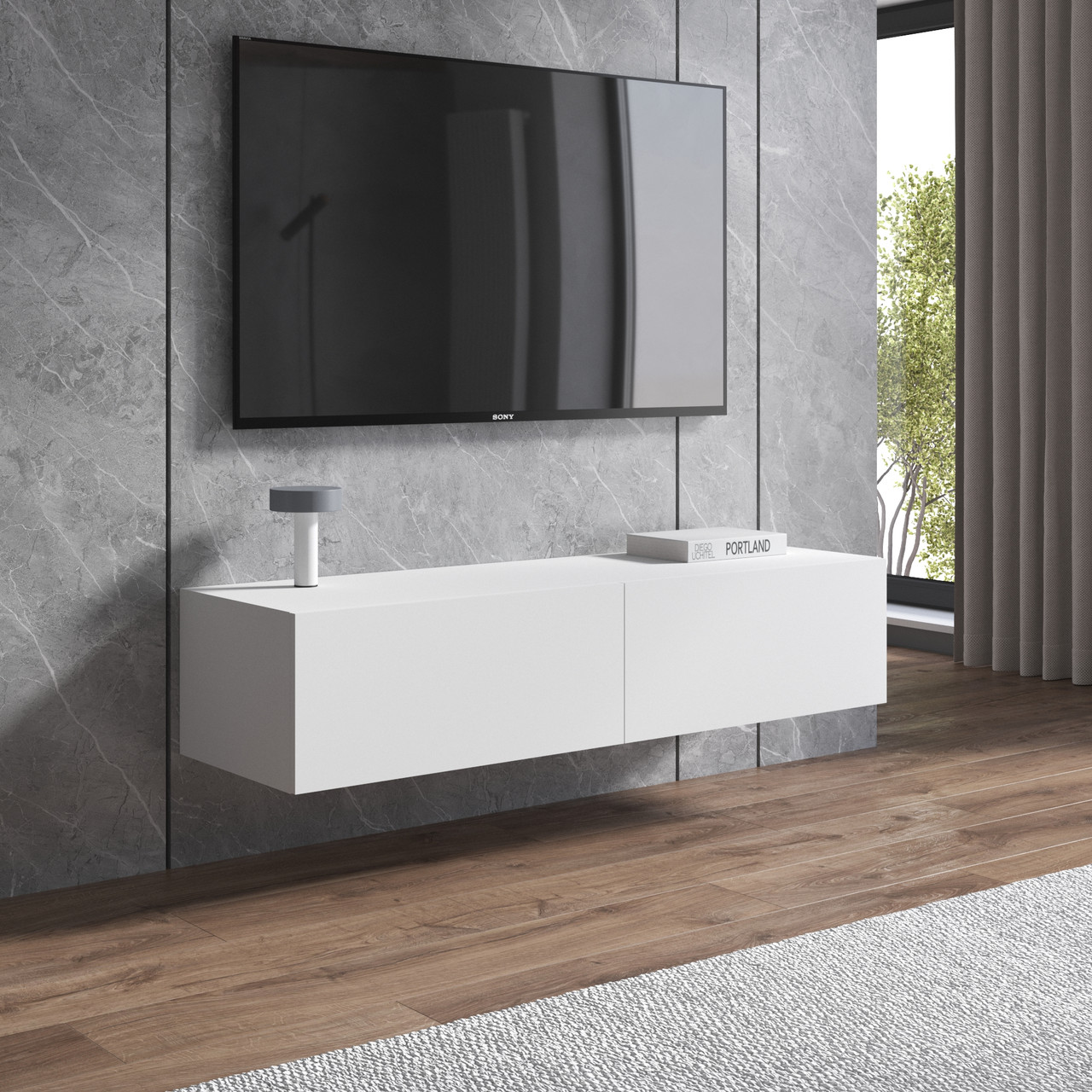 Тумба під телевізор підвісна 140см завширшки з 2 закритими полицями Сучасна тумба під ТВ із ЛДСП у спальню, фото 1