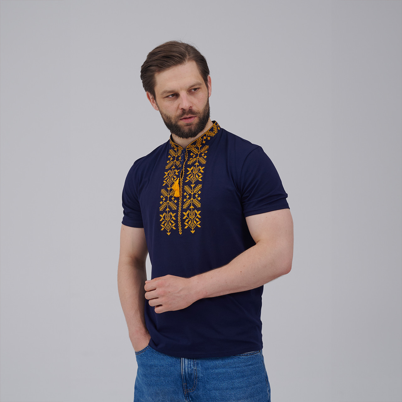 Чоловіча футболка з вишивкою Тризуб на синьому, фото 1