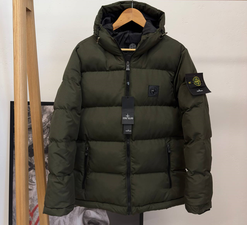 Чоловіча зимова куртка пуховик Stone Island хакі з капюшоном Стон Айленд молодіжна тепла коротка, фото 1