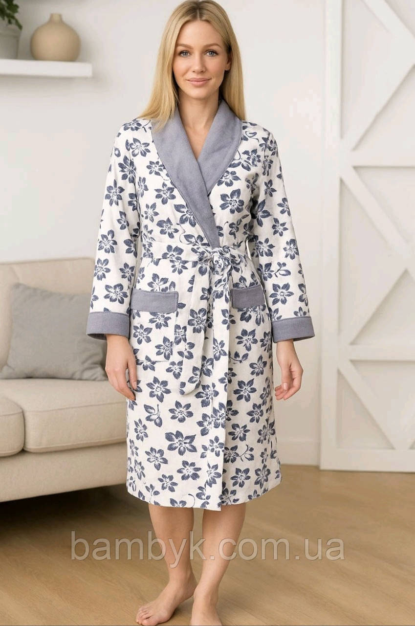 Жіночий халат на запах преміум якість тонка махра Nusa NS-4387 квітковий принт