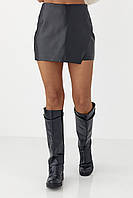 Юбка-шорты из эко-кожи, черный, S (размеры) - модная, женственная, практичная, мини, приталенный, силуэт.