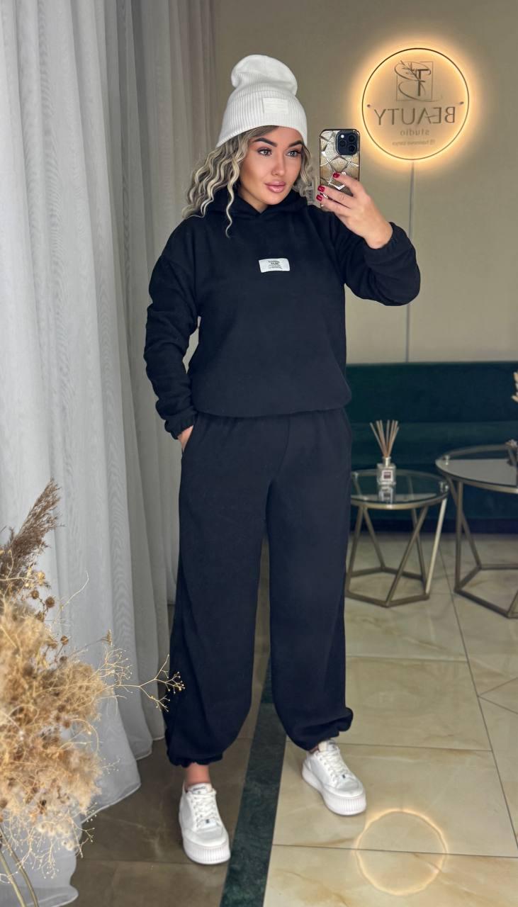 Жіночий теплий м'який флісовий осінній костюм кофта худі штани прямі із затяжками двосторонній щільний фліс, фото 1