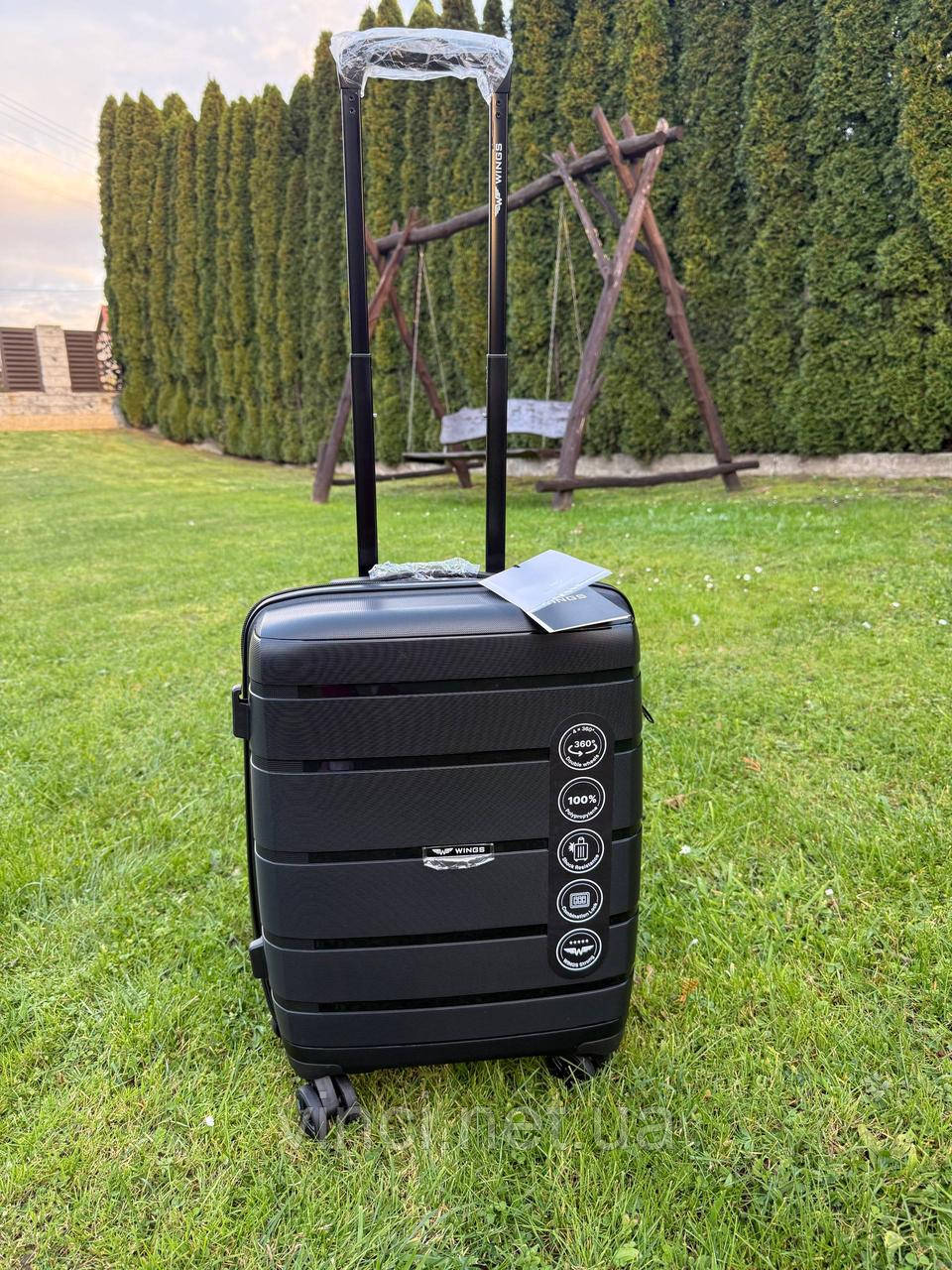 Валіза дорожня МАЛА (ручна поклажа) 55x39x21см 38л на 4х подвійних колесах WINGS HWF03 S ЧОРНА, фото 1