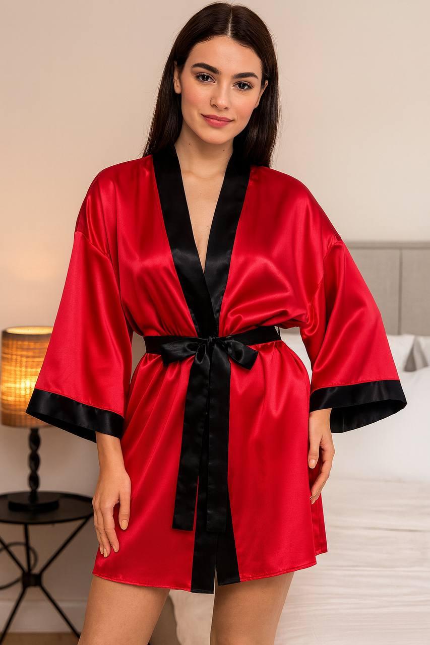 Жіночий атласний халат, чорно червоний.