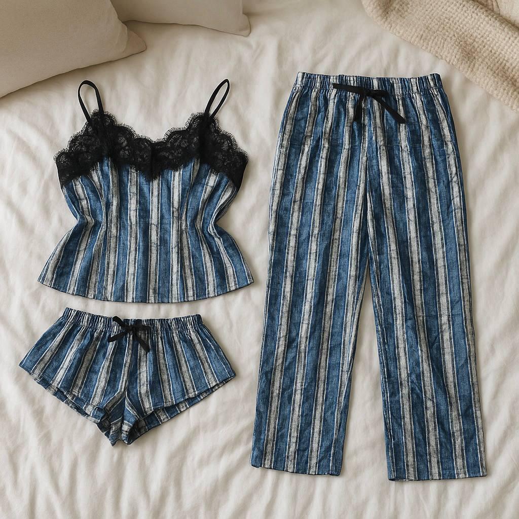 Велюровий комплект трійка для сну та дому, піжама майка + шорти + штани в смужку.