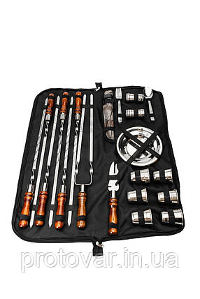 Набір шампурів у сумці Enot-4 Brown з посудом, подвійним шампуром та баночками для спецій, фото 1