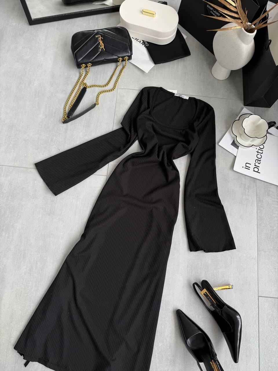 Стильна базова приталена жіноча довга святкова сукня максі зі шнурівкою на спині рубчик мустанг широкий довгий рукав, фото 1