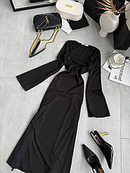 Стильна базова приталена жіноча довга святкова сукня максі зі шнурівкою на спині рубчик мустанг широкий довгий рукав