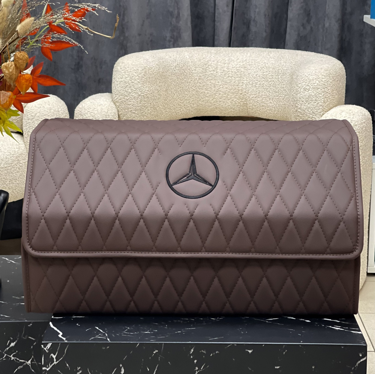 Преміум органайзер в багажник з вишивкою Mercedes, коричневий, 60 см, фото 1