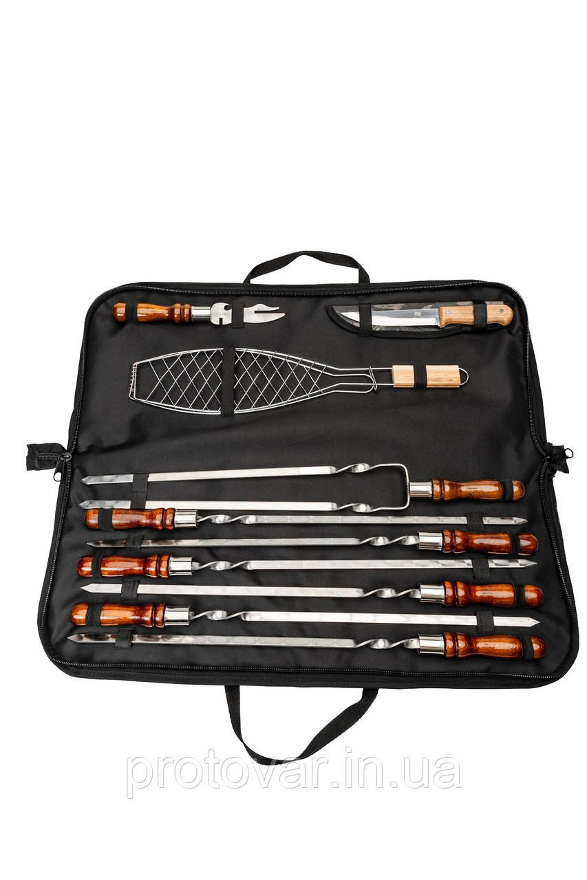 Набір шампурів Enot-2 Brown у сумці з дубовими ручками та сіткою для риби - подарунковий набір для пікніка і риболовлі