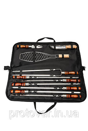 Набір шампурів Enot-2 Brown у сумці з дубовими ручками та сіткою для риби - подарунковий набір для пікніка і риболовлі, фото 1