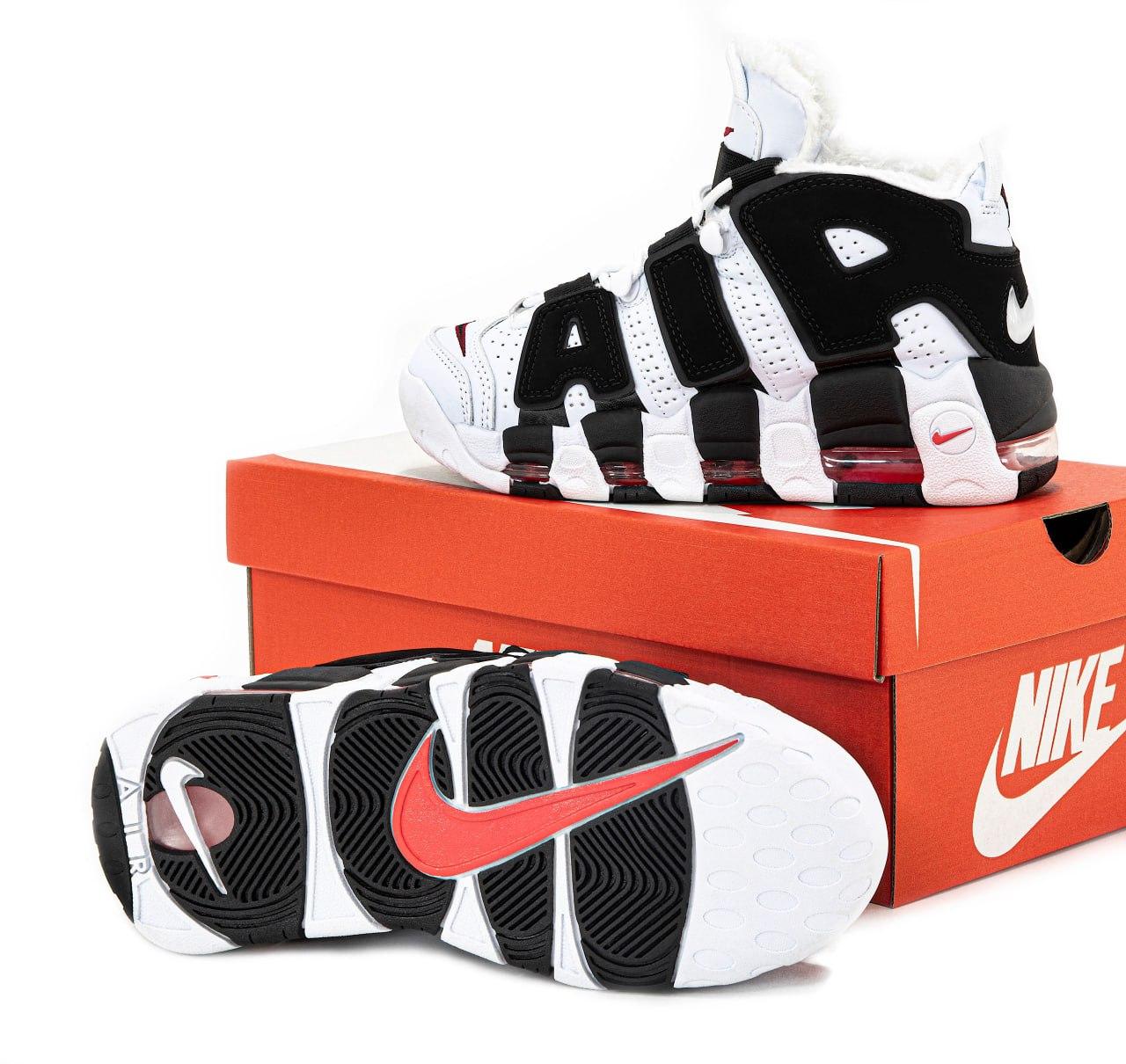 Чоловічі та жіночі зимові кросівки Nike Air More Uptempo Winter White Black Білі з чорним Аптемпо шкіряні з нубуком та хутром, фото 1