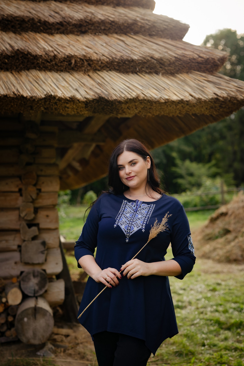 Жіноча туніка Лоза сіро-голуба на темно-синьому, рукав 3/4, фото 1