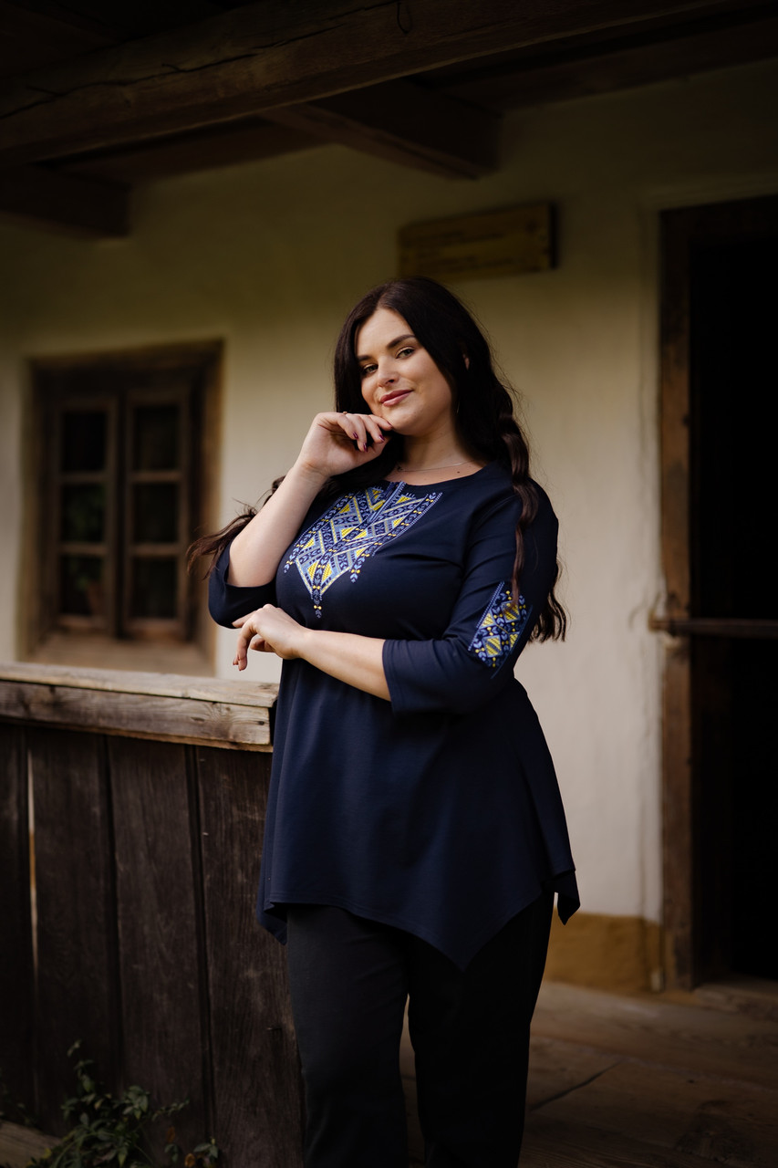 Жіноча туніка Лоза жовто-блакитна на темно-синьому, рукав 3/4, фото 1