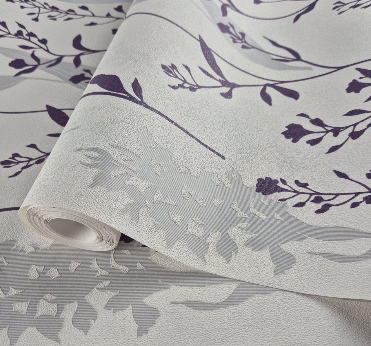 Шпалери вінілові на флізеліні 0.53 × 10.05 м Marburg 6533-30, білі з фіолетово-срібним орнаментом — для спальні, вітальні,кабінета, фото 1