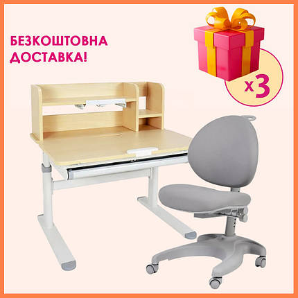 Комплект парта (стіл) з надбудовою Fundesk Invito Grey + дитяче ортопедичне крісло Fundesk Cielo Grey для школяра, фото 1