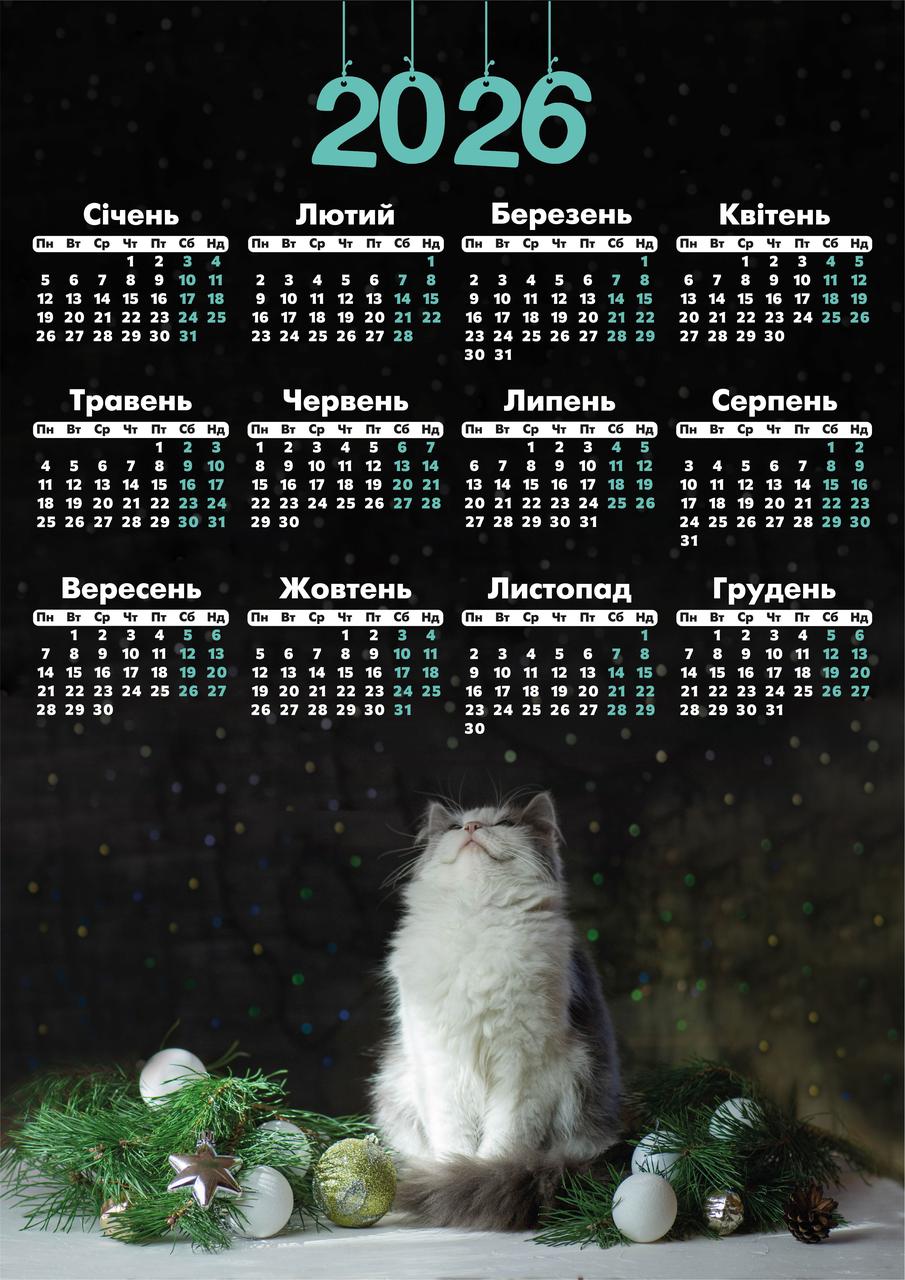 Календар А3 верт "Кіт новорічний" 2026, фото 1