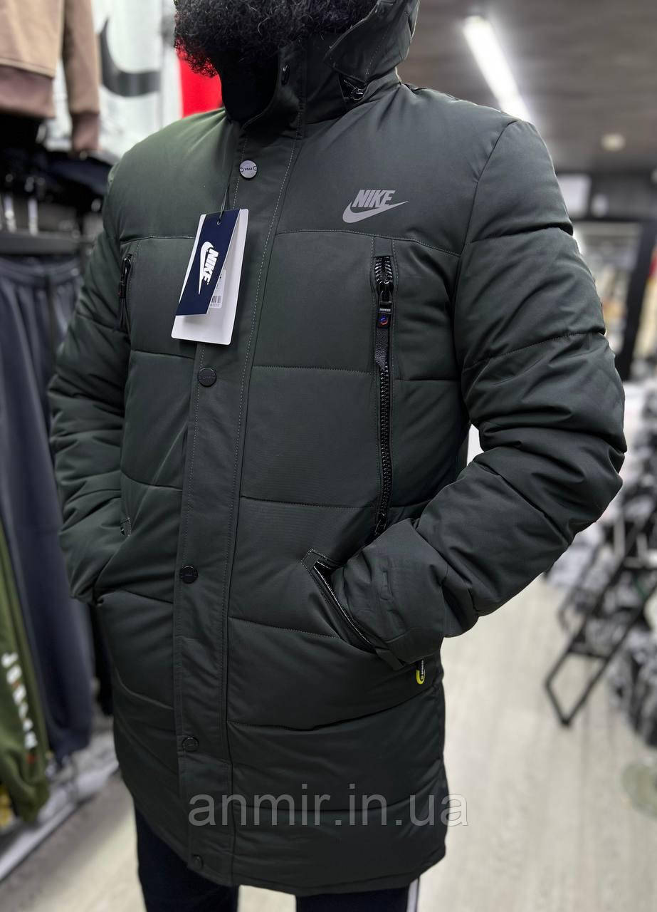 Куртка зимова чоловіча з капюшоном і кишенями NIKE норма 48-56, колір темний хакі