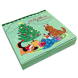 Коробка для печива, пряників, цукерок, 18.5 см х 18.5 см х 3 см, Новорічні песики