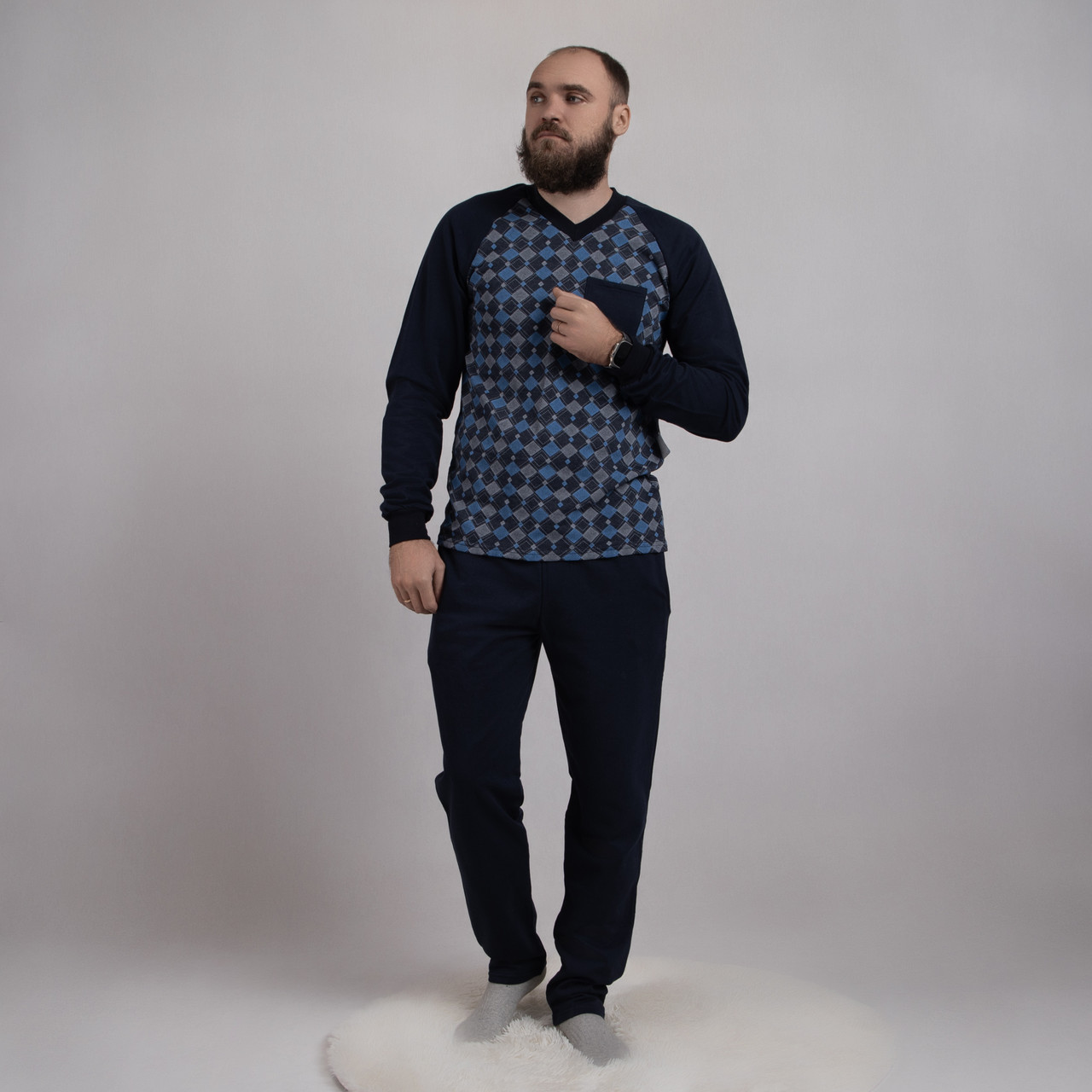 Чоловіча тепла піжама "Кишеня-клітина" р.44-48, фото 1