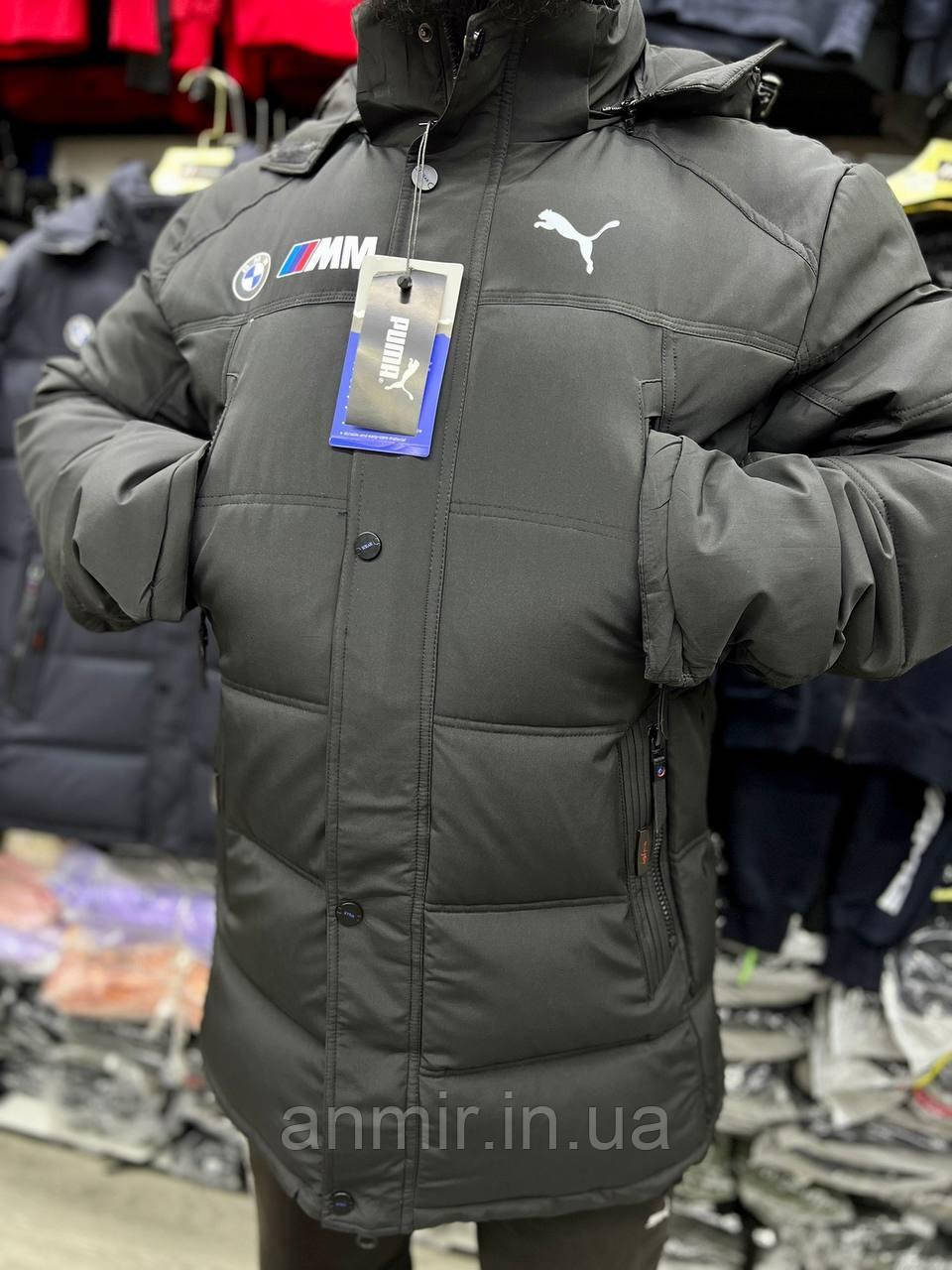 Куртка зимова чоловіча з капюшоном і кишенями PUMA BMW батал 52-60, чорного кольору