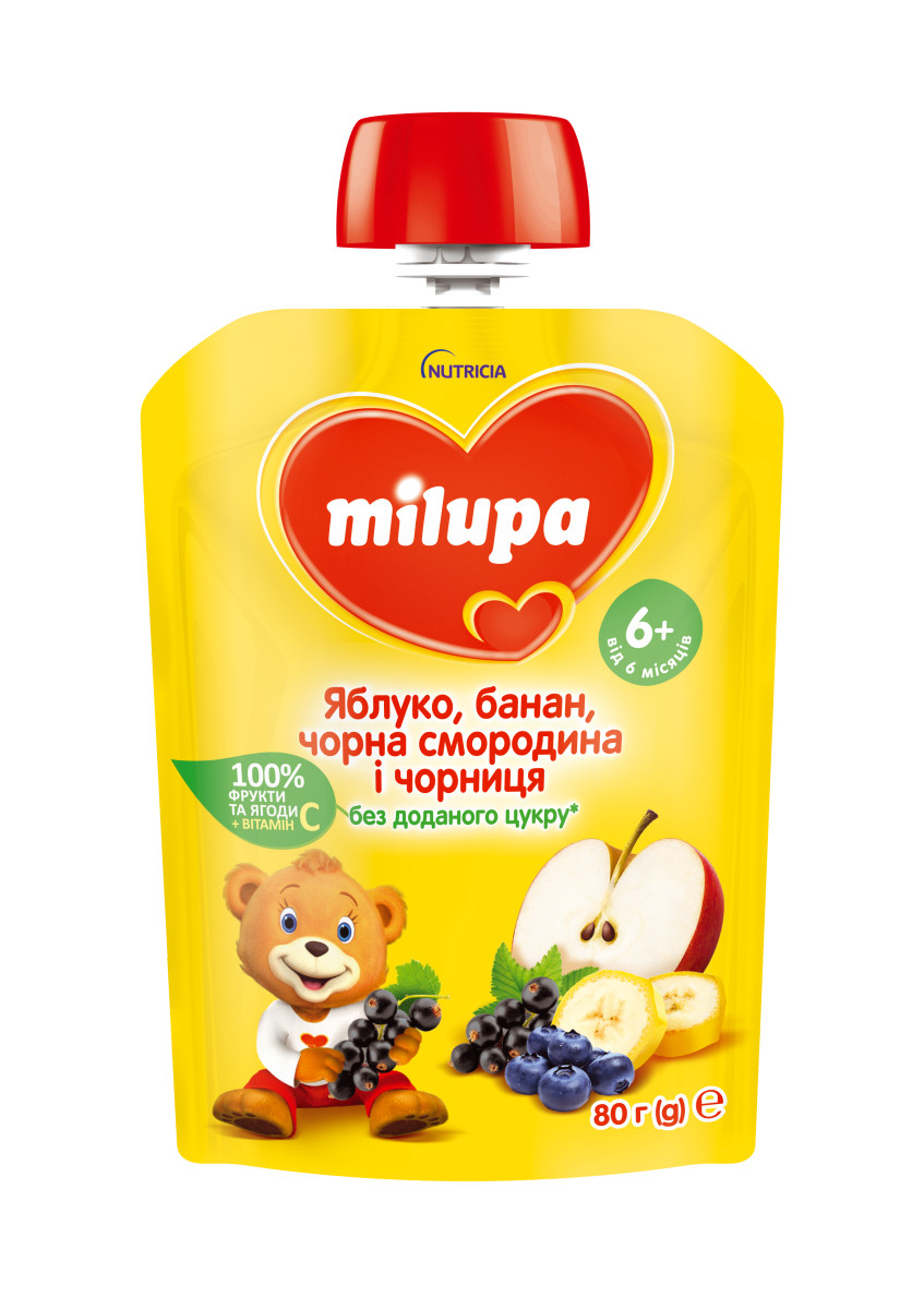 Пюре фруктове Milupa Яблуко, банан, чорна смородина та чорниця з 6 місяців, пауч 80г. (Мілупа), фото 1