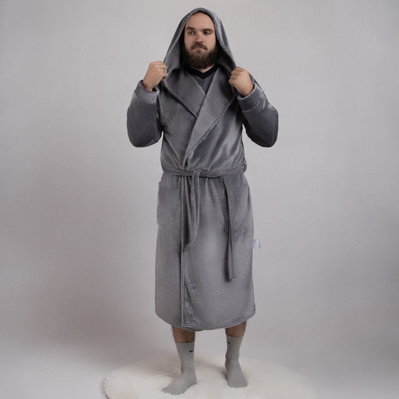Халат теплий чоловічий махровий світло-сірий 44-52р., фото 1