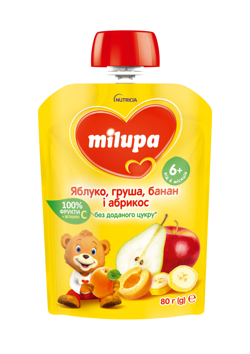 Пюре фруктове Milupa Яблуко, груша, банан та абрикос з 6 місяців, пауч 80г. (Мілупа), фото 1