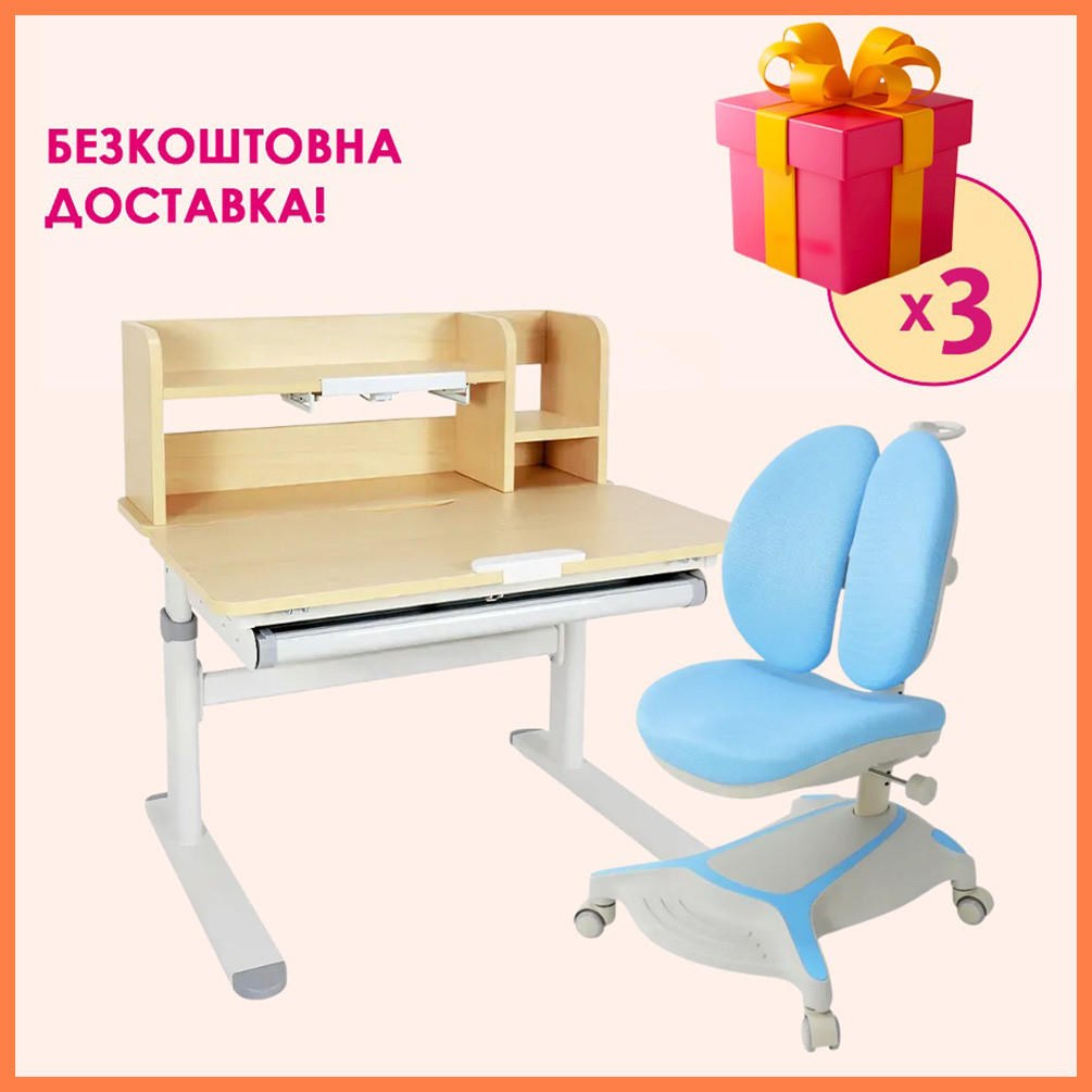 Комплект парта (стіл) з надбудовою Fundesk Invito Grey + дитяче ортопедичне крісло Cubby Bunias Blue для школярів