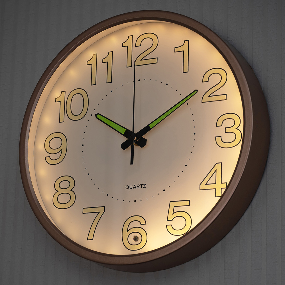 Безшумний настінний годинник люмінесцентний з LED підсвіткою LOSSO CW-30 (золотистий ободок), фото 1