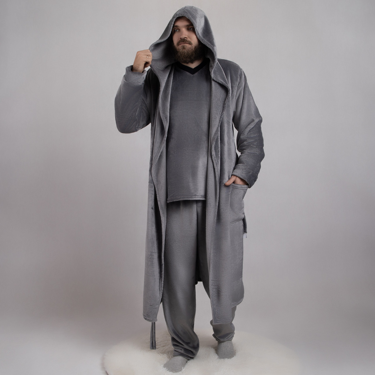 Чоловічий махровий комплект:  Піжама+Халат  (махра) р. 48-60 ( світло-сірий колір), фото 1