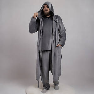 Чоловічий махровий комплект: Піжама+Халат (махра) р. 48-60 ( світло-сірий колір)