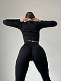 Чорний фітнес костюм рашгард з змійкою і легінси з подвійним пуш ап Преміум, фото 4