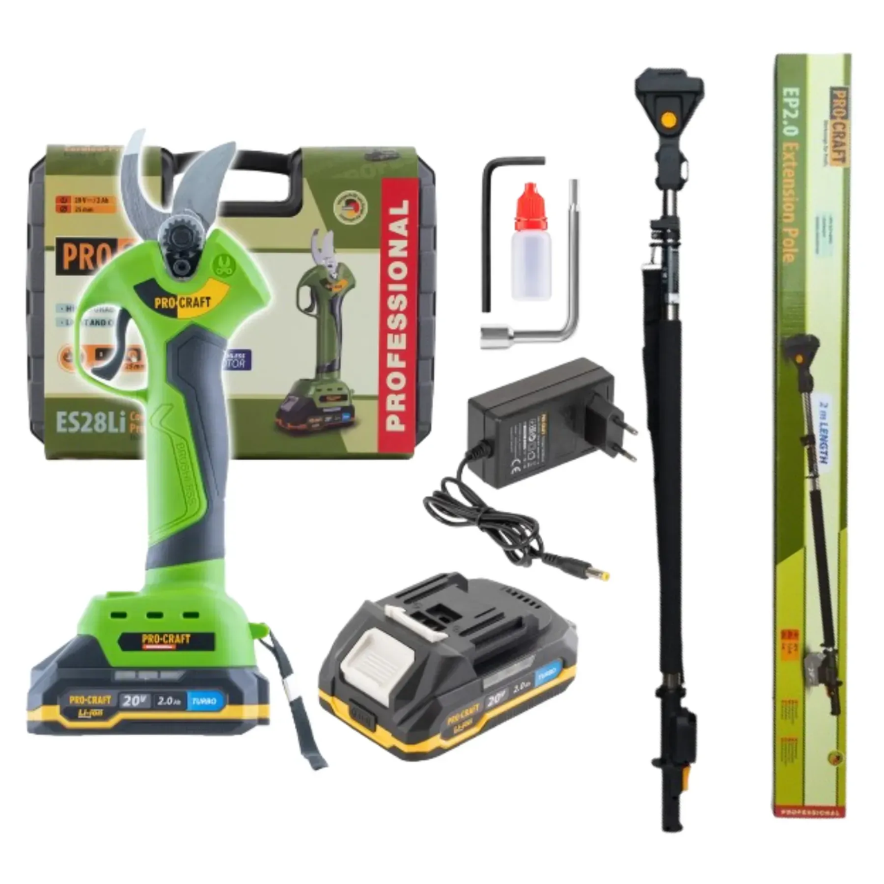 Акумуляторний секатор Procraft ES28Li (1акб) + Подовжувач телескопічний Procraft EP2.0, фото 1