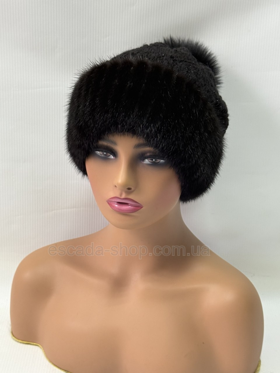 Хутряна норкова шапка жіноча на плетеній основі "Ажур" Чорна, фото 1