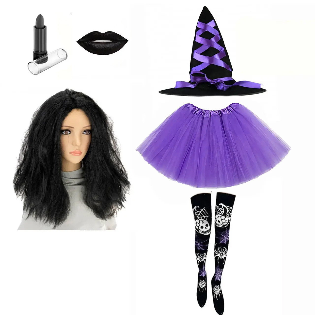 Костюм відьма на Хеллоуїн капелюх. спідниця, панчохи, парик, макіяж, фото 1