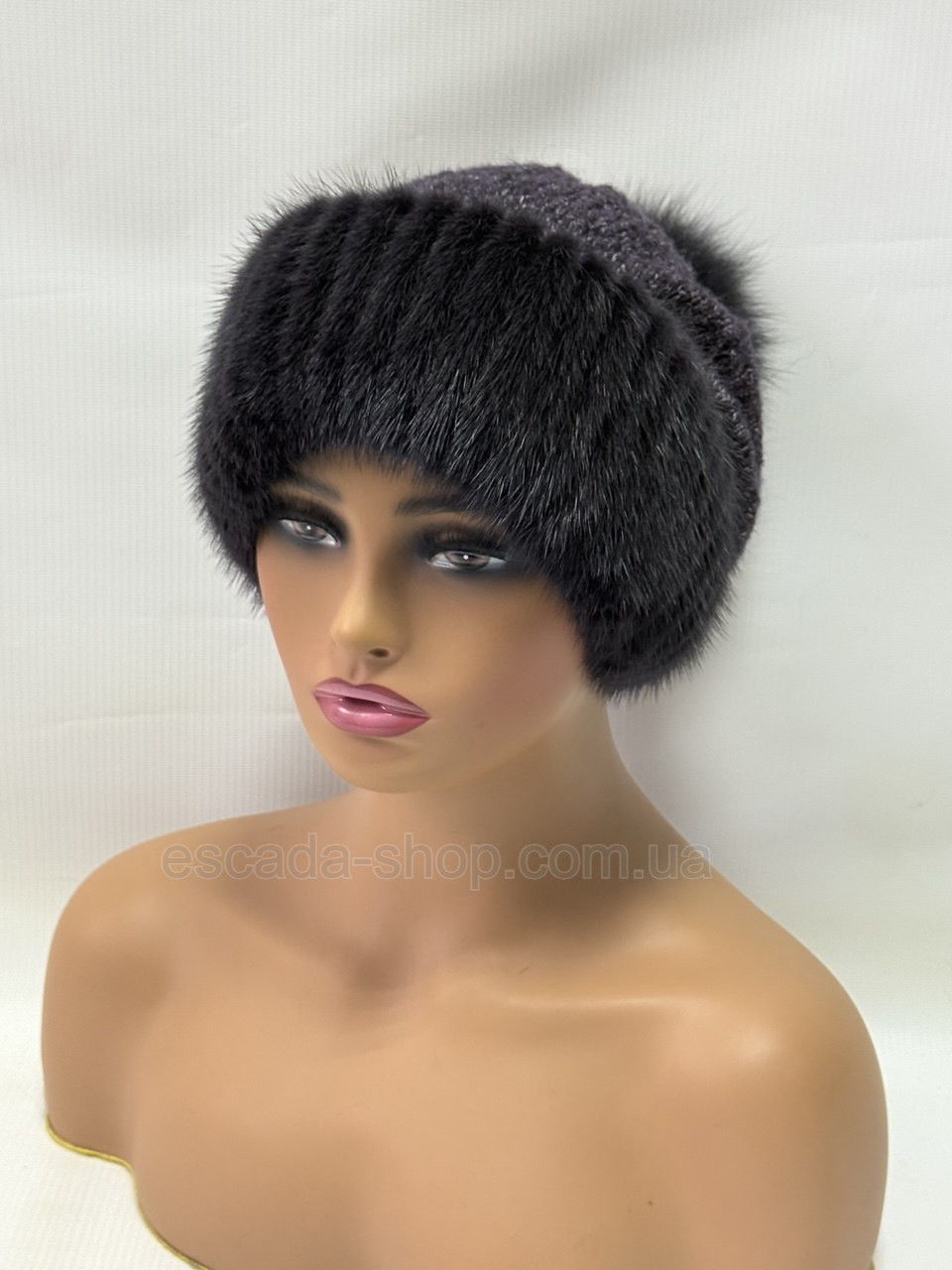 Хутряна норкова шапка жіноча на плетеній основі "Ажур" Фіолетова, фото 1