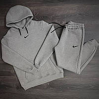 Чоловічий сірий спортивний костюм Nike зимовий флісовий двойка, Утеплений спорт костюм Найк сірого кольору тринитка Худі та Штани