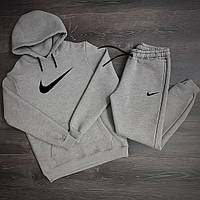 Чоловічий сірий спортивний костюм Nike зимовий тринитка 2в1, Теплий флісовий костюм Найк сірого кольору Худі Штани (Велике Лого)