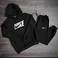 Чоловічий зимовий чорний спортивний костюм Nike на флісі двійка, Теплий костюм Найк чорного кольору тринитка на зиму Худі та Штани