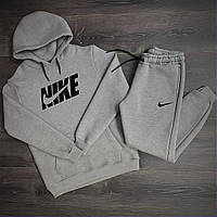 Чоловічий зимовий сірий спортивний костюм Nike на флісі двійка, Теплий костюм Найк сірого кольору тринитка на зиму Худі та Штани