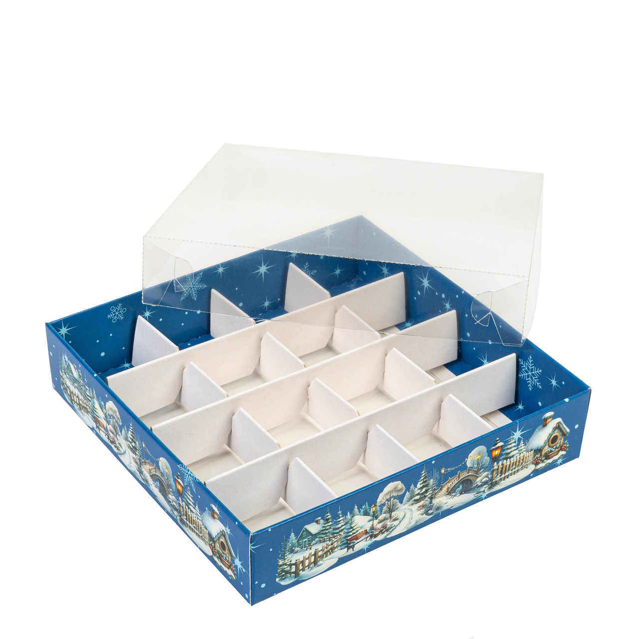 Коробка 160х160х35 (на 16 цукерок) з прозорою кришкою "Зимова", фото 1