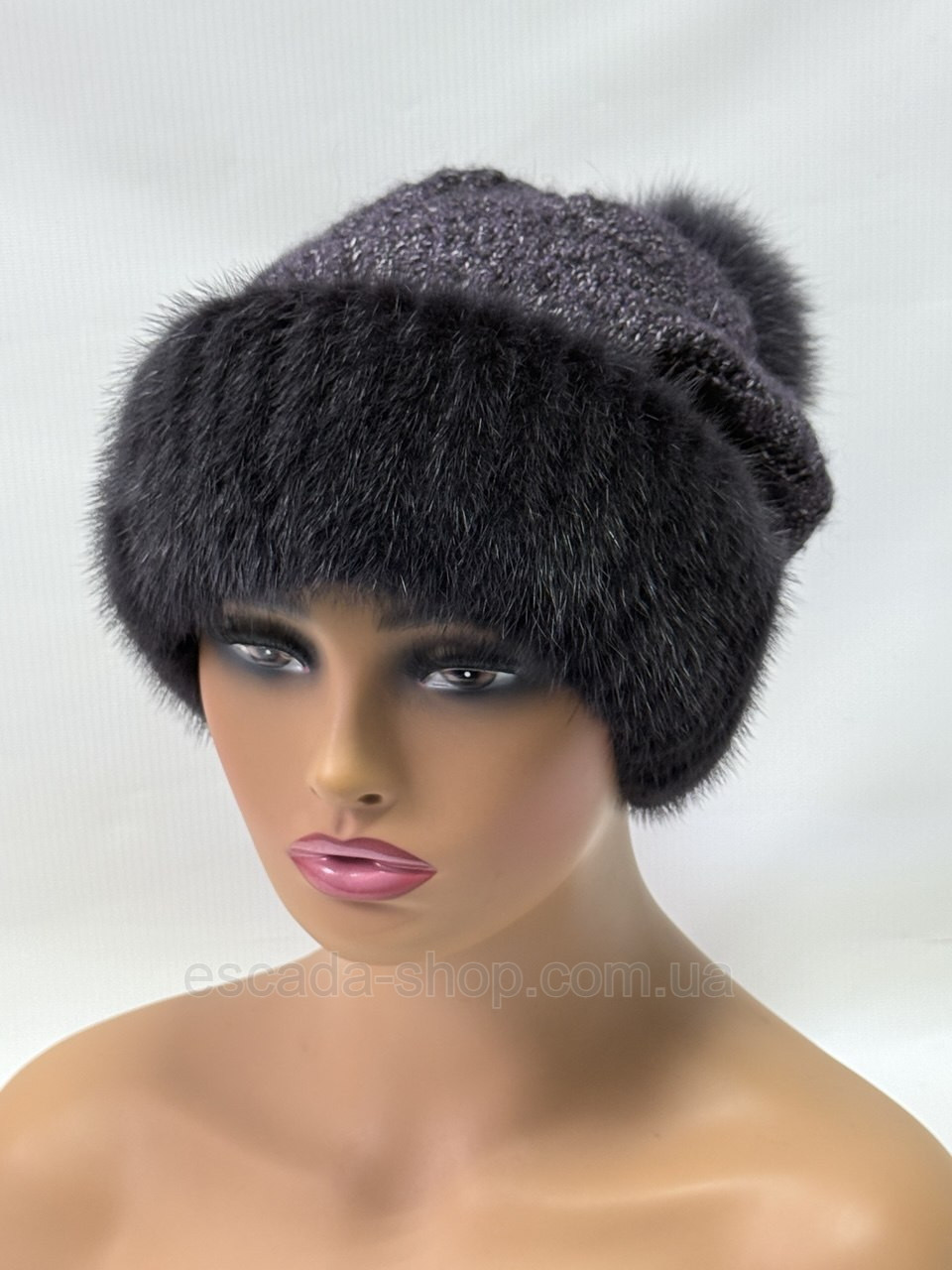 Хутряна норкова шапка жіноча на плетеній основі "Ажур" Графіт, фото 1