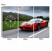 Картина з годинником «Червона Ferrari на трасі» Спорткар Настінний декор в чоловічий інтер'єр Друк на полотні 90х60см з 3х частин, фото 5
